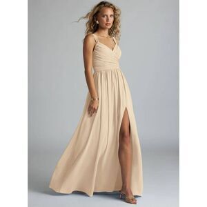 Azazie Aziza Champagne A-Line V-Neck Pleated Chiffon Dress 6